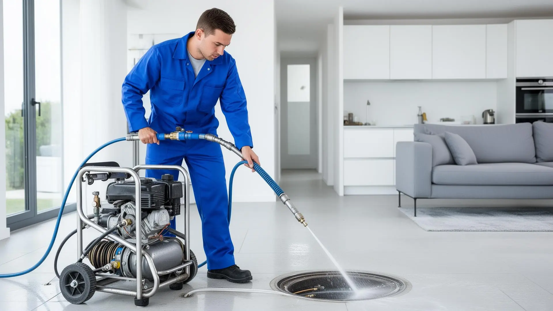 Técnico de desentupimentos profissional da DesentopeTubo com equipamento de hidrojato de alta pressão